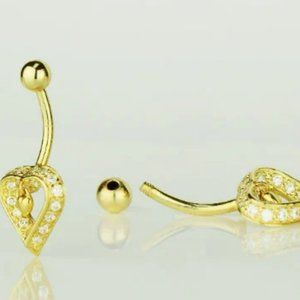 14K Solid Gold CZ Dangle Heart Navel Belly Button Ring Aretes del Ombligo en Oro
